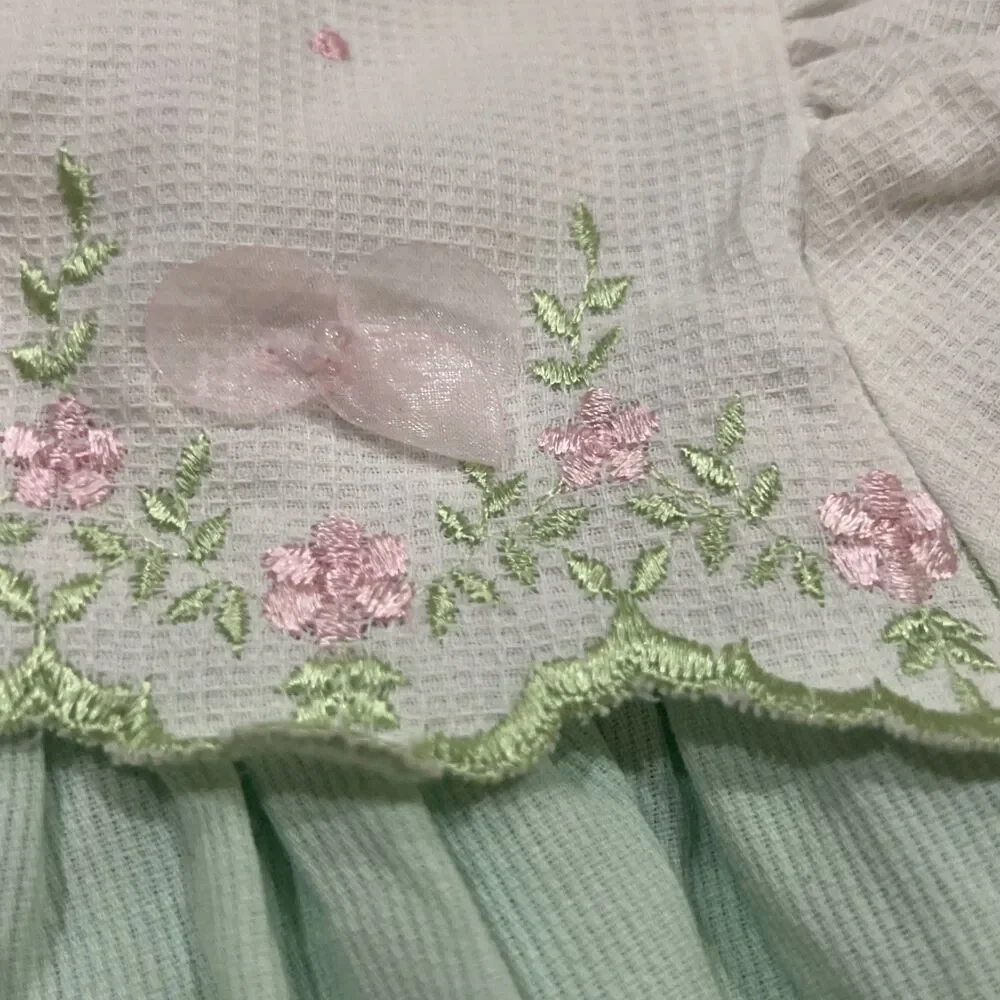 Vintage 90s Rare Editions Sea Foam Green Dress Lace Flowers - Girls 24 Months